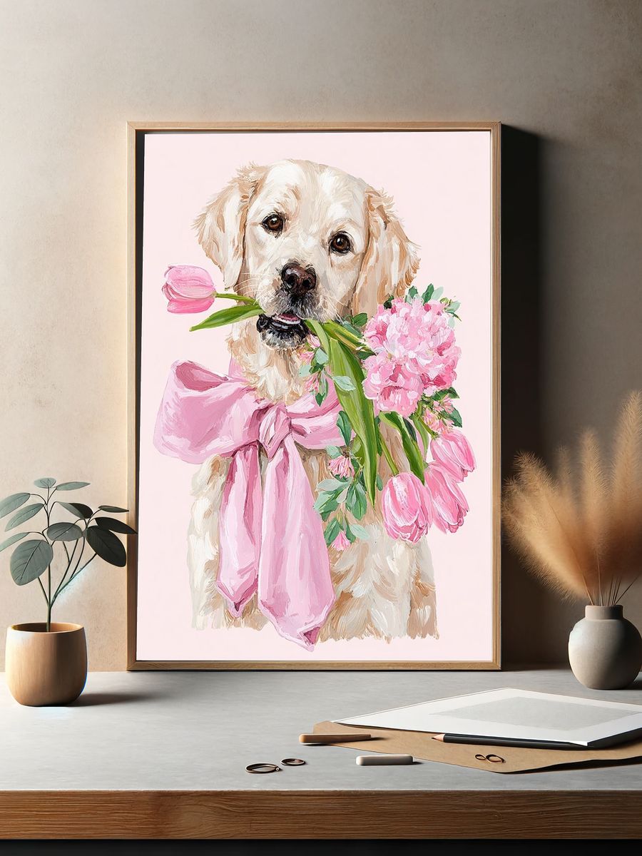 Golden Retriever with Flowers — Illustration Print. — room view 2