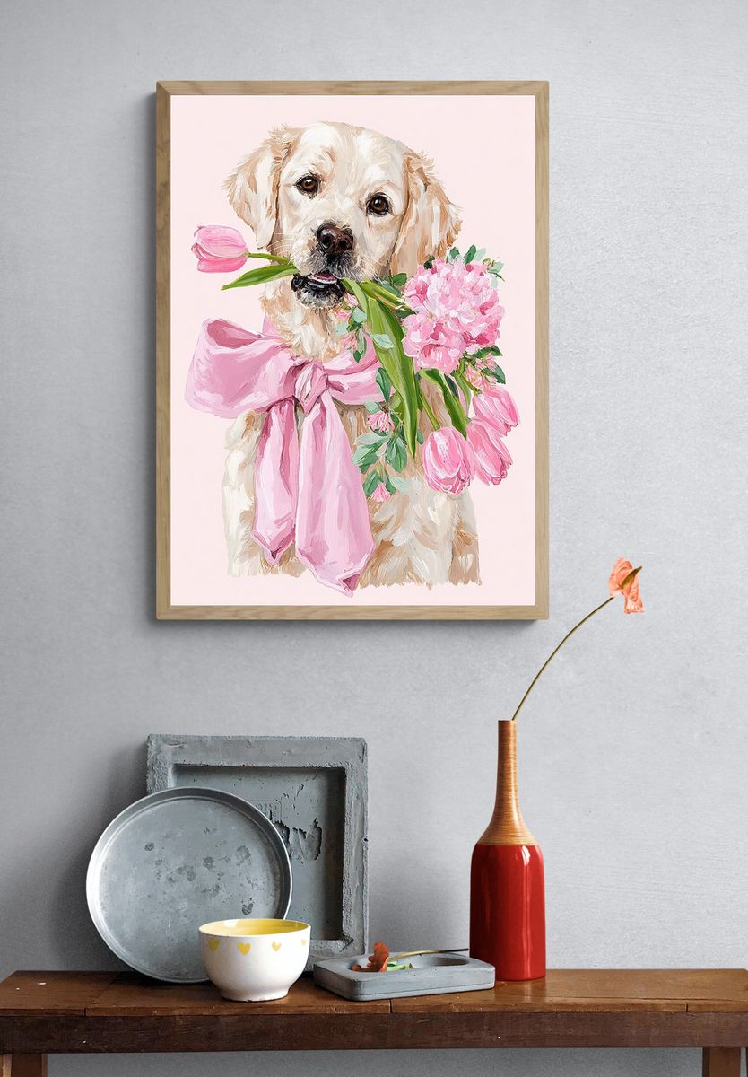 Golden Retriever with Flowers — Illustration Print. — room view 3