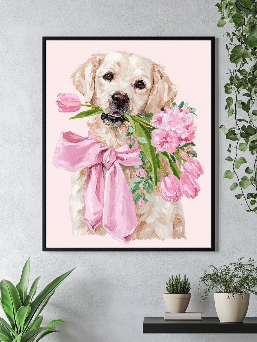 Golden Retriever with Flowers — Illustration Print. — room view 4