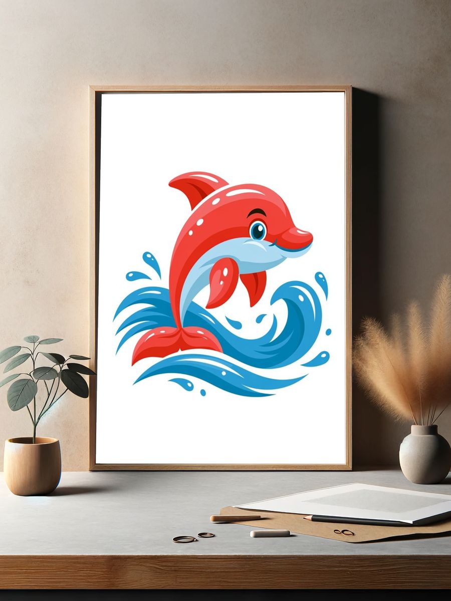 Playful Dolphin Illustration Poster. — room view 2