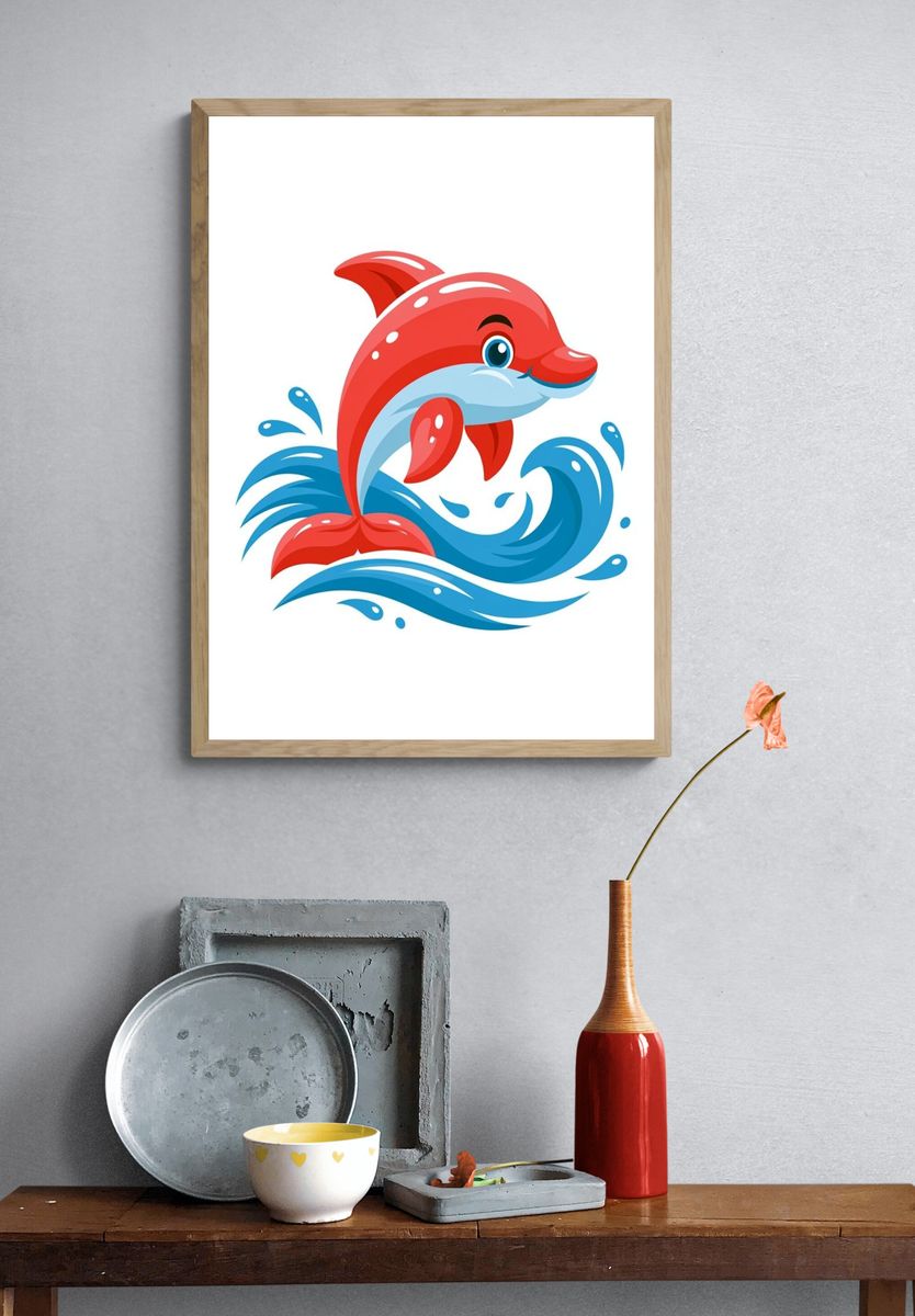 Playful Dolphin Illustration Poster. — room view 3