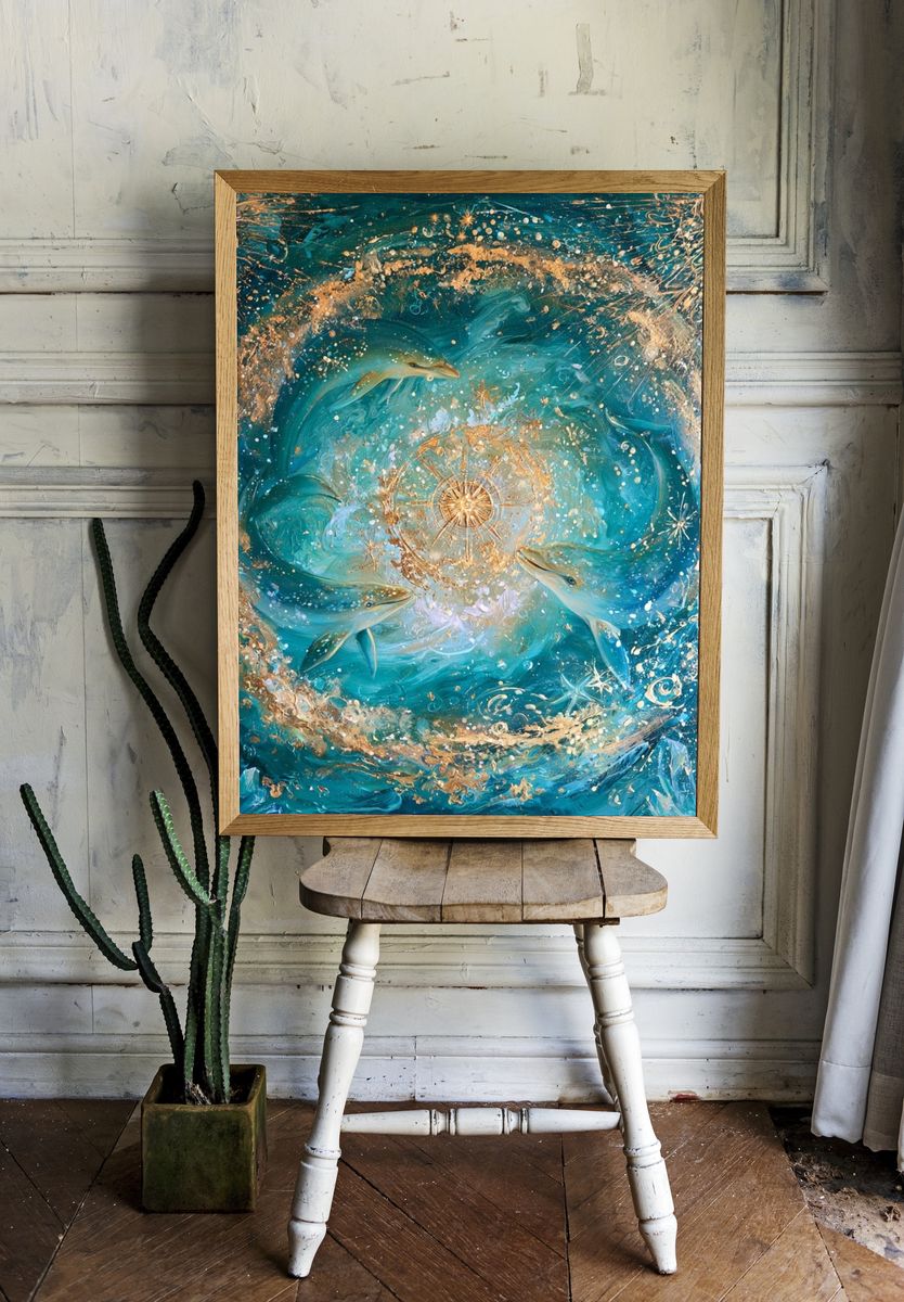 Dolphin Cosmic Swirl Poster. room preview