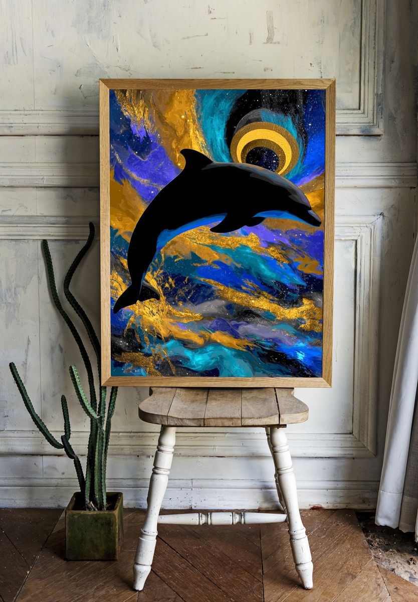 Dolphin Cosmic Swirl Poster. room preview