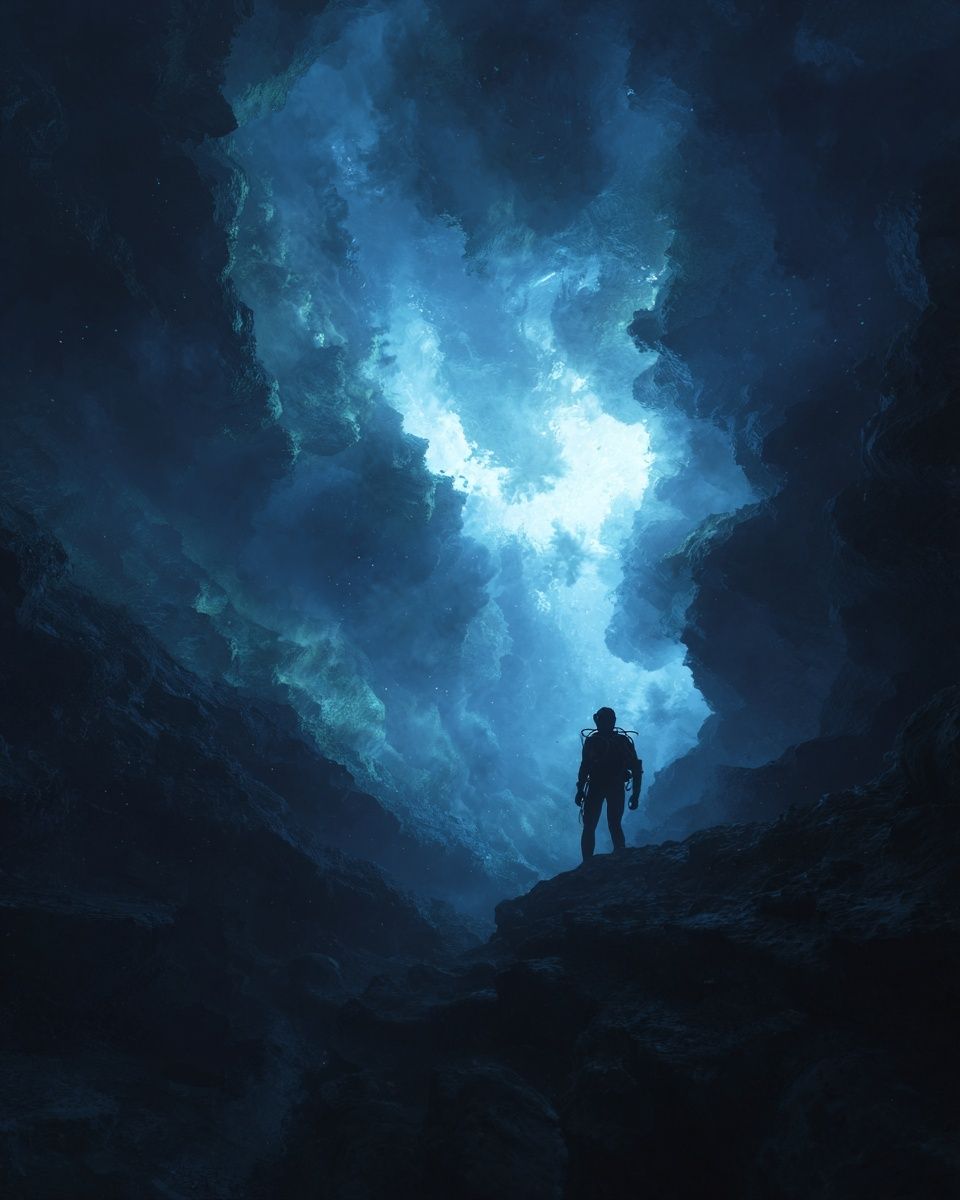 Diver in Ocean Cave — Fine Art Print. poster detail