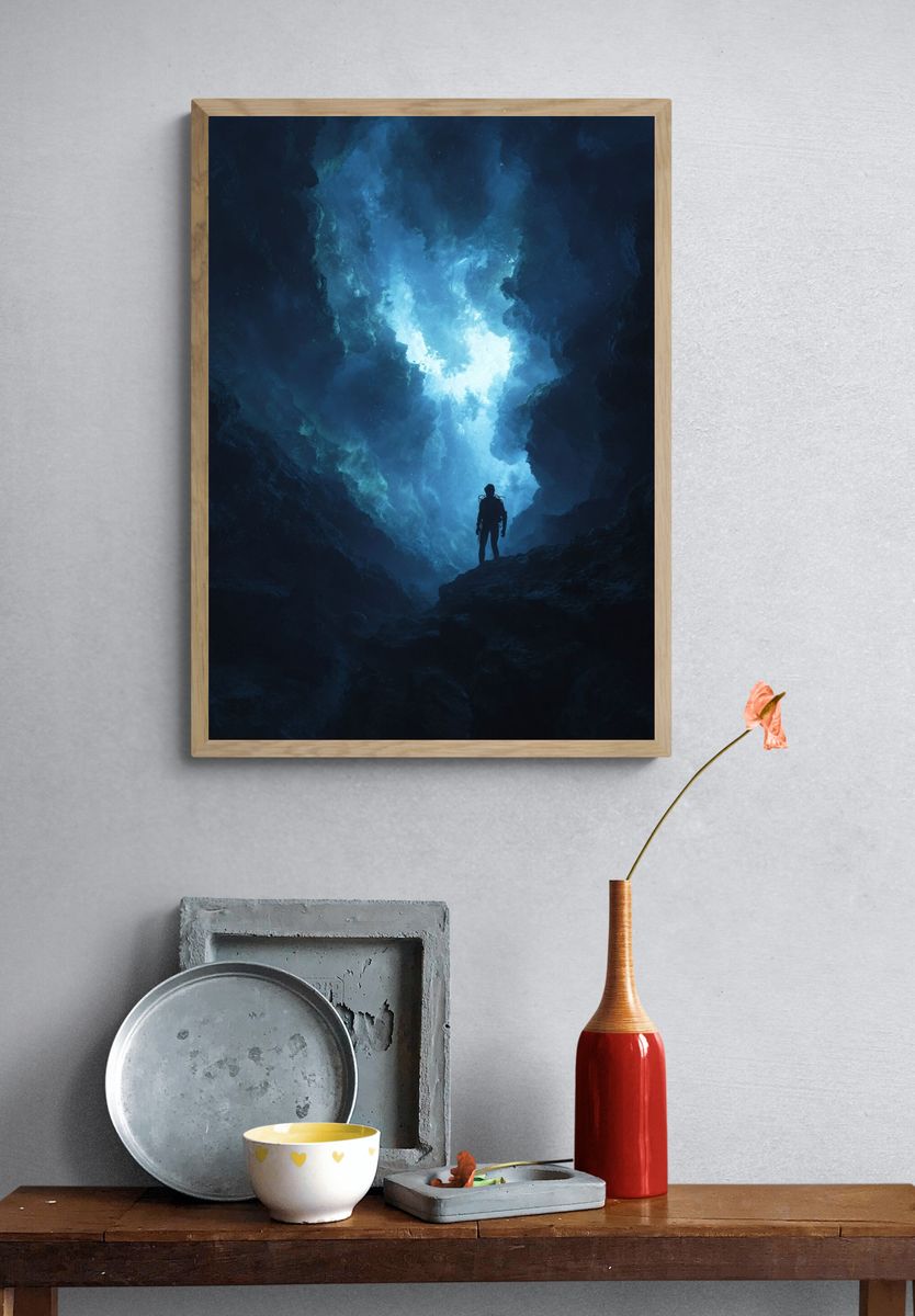 Diver in Ocean Cave — Fine Art Print. — room view 3