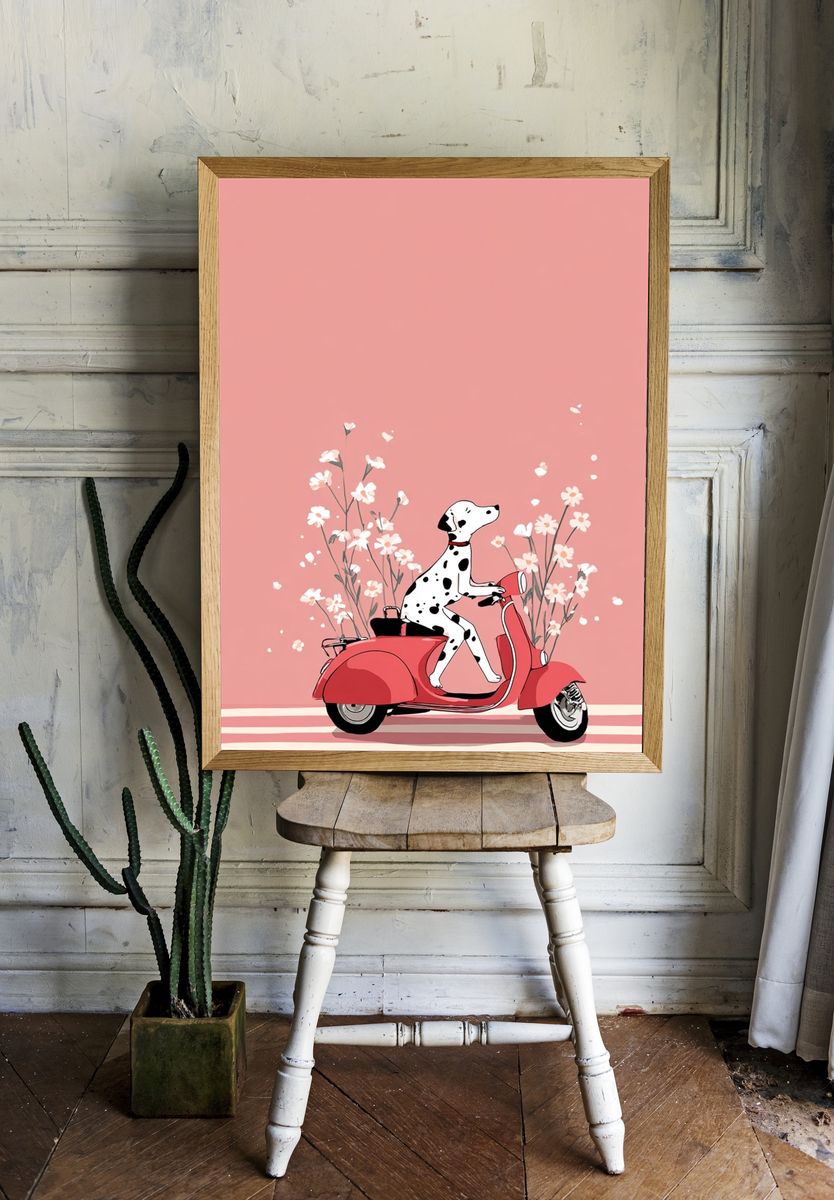 Dalmatian on Scooter — Illustration Print. — room view 1