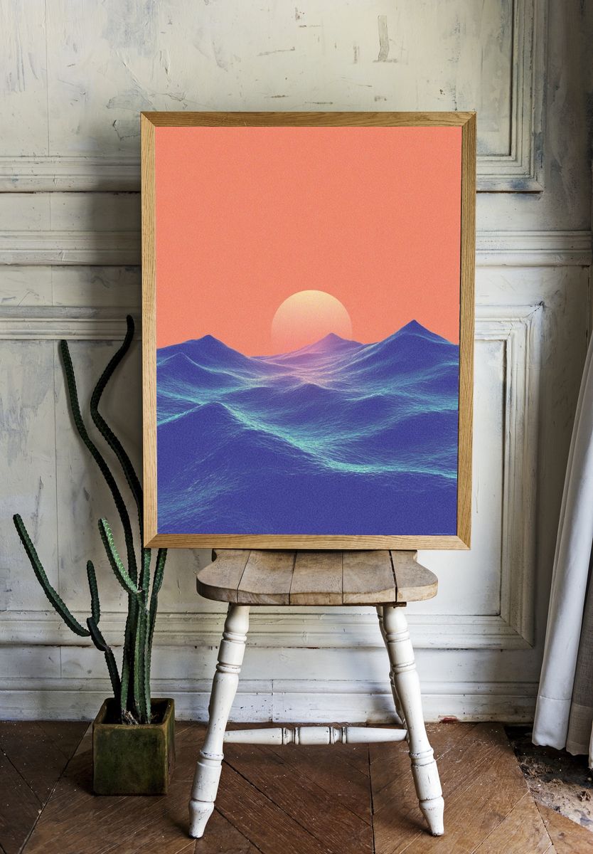 Sunset Over Waves — Digital Art Print. — room view 1