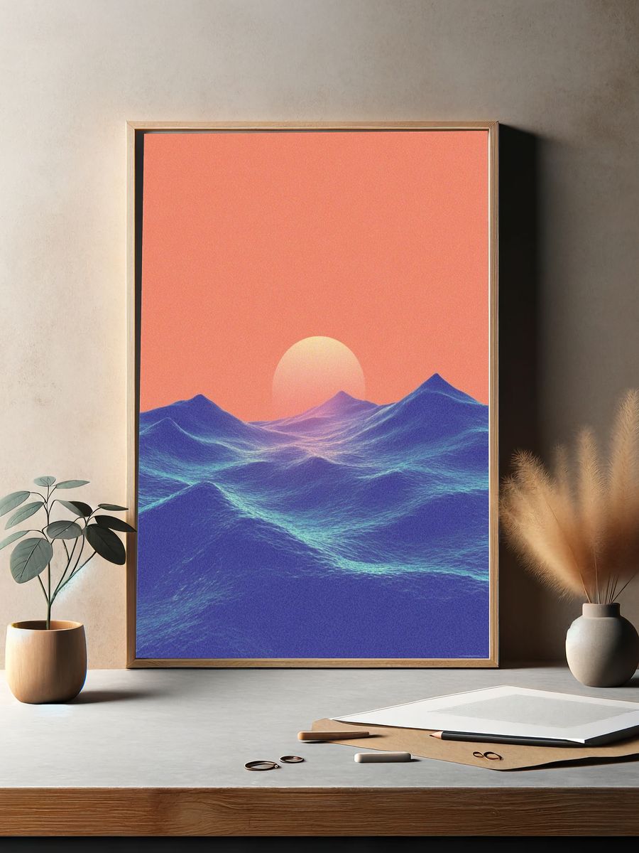 Sunset Over Waves — Digital Art Print. — room view 2