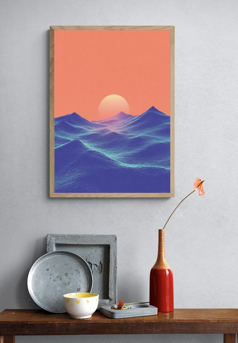 Sunset Over Waves — Digital Art Print. — room view 3