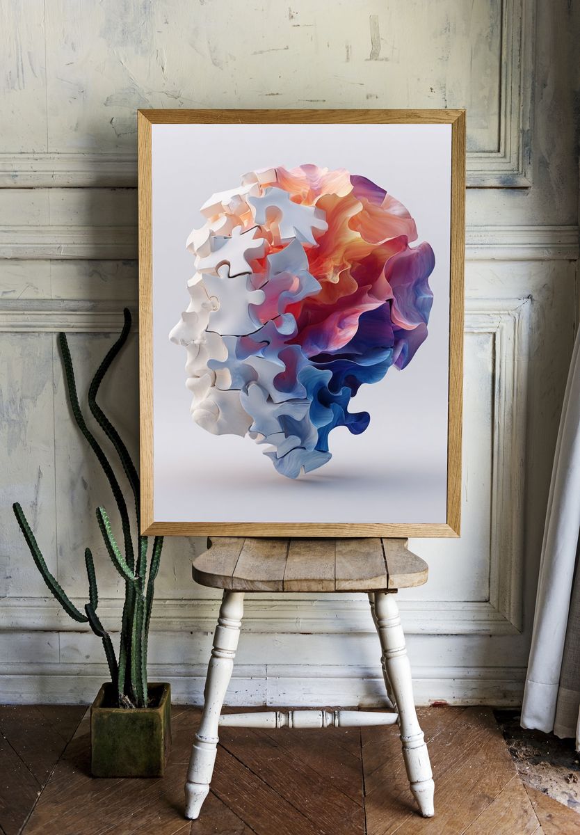 Abstract Puzzle Head — Digital Art Print. — room view 1