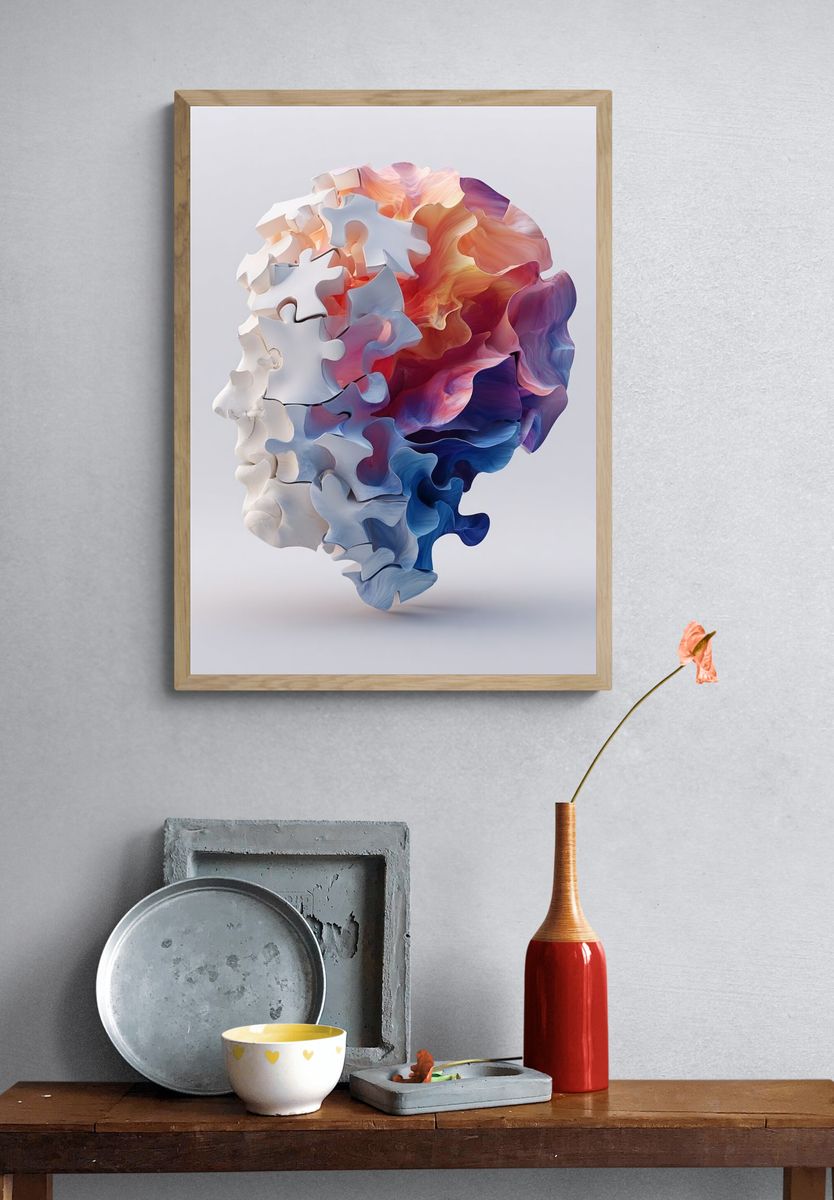Abstract Puzzle Head — Digital Art Print. — room view 3