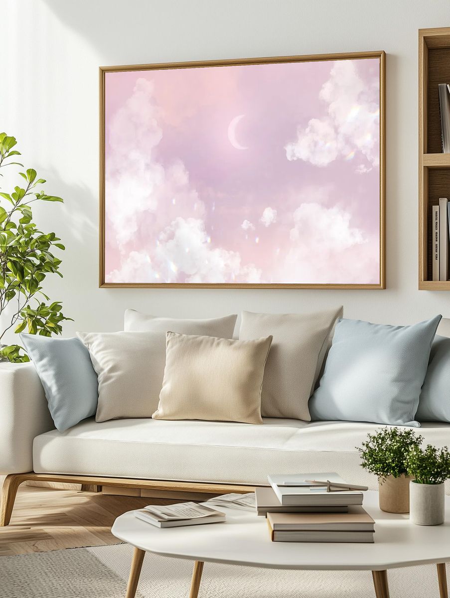 Dreamy Pink Clouds with Moon — Art Print. — room view 2