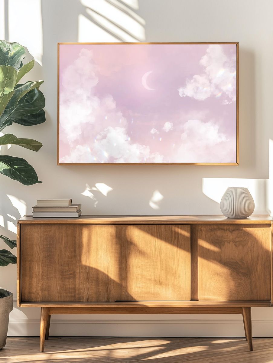Dreamy Pink Clouds with Moon — Art Print. — room view 3