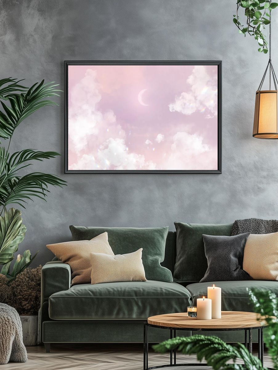 Dreamy Pink Clouds with Moon — Art Print. — room view 4