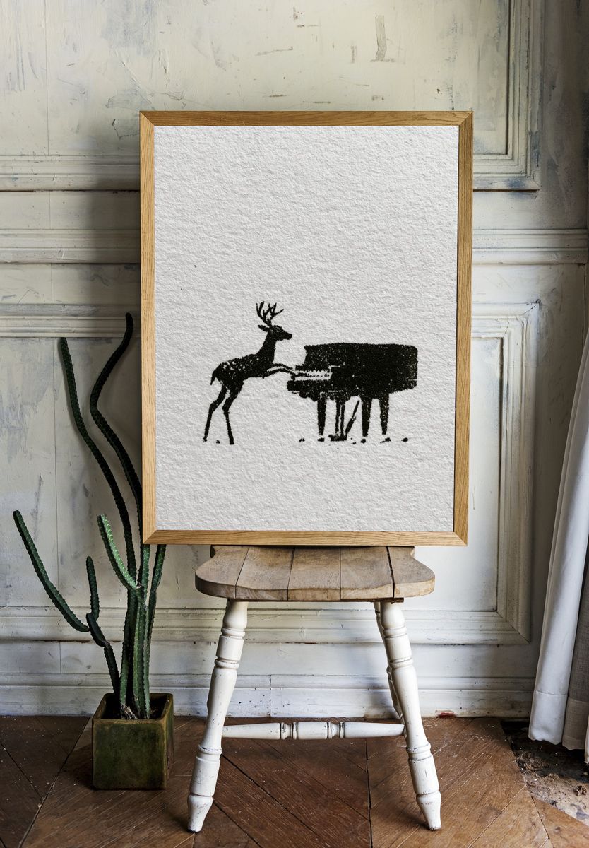 Deer and Piano Ink Print. — room view 1