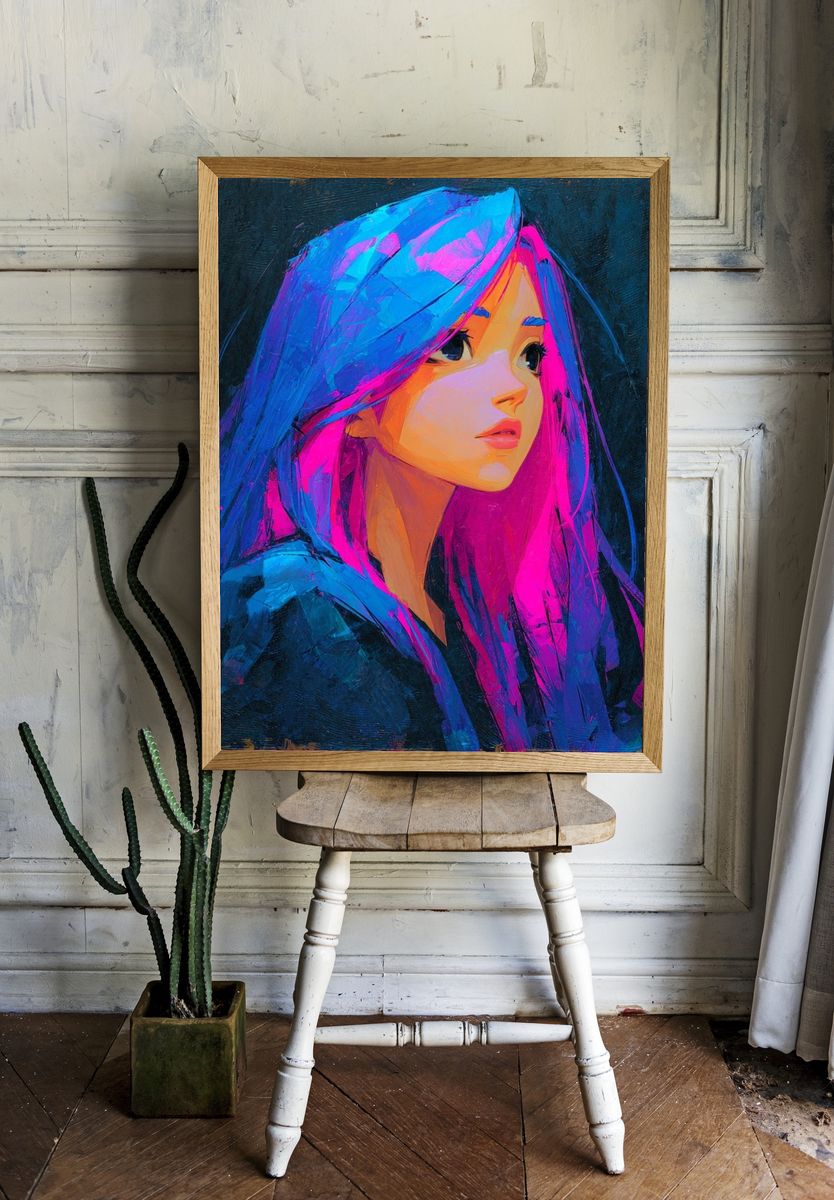 Vibrant Portrait of a Girl — Digital Art Print. — room view 1