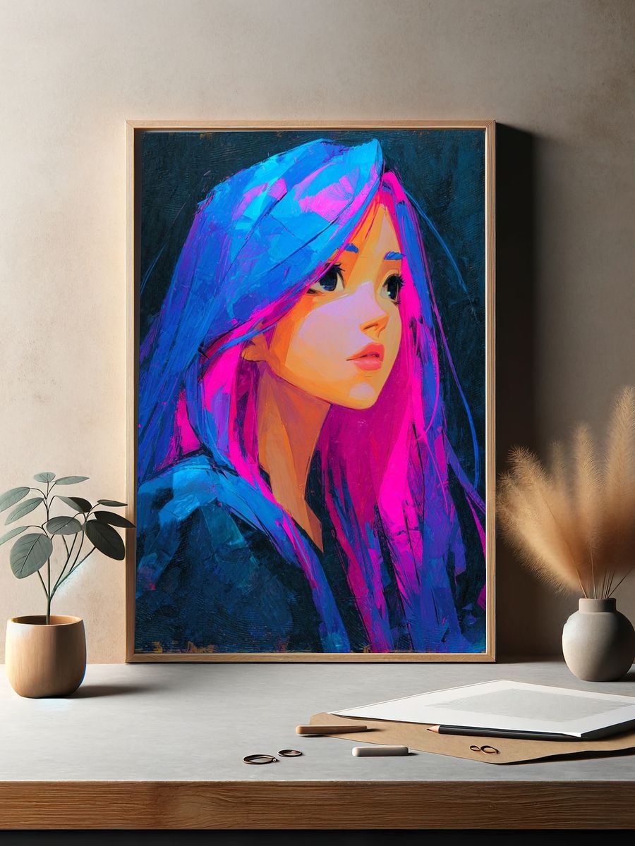 Vibrant Portrait of a Girl — Digital Art Print. — room view 2