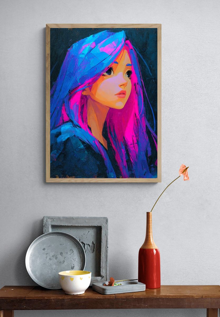 Vibrant Portrait of a Girl — Digital Art Print. — room view 3
