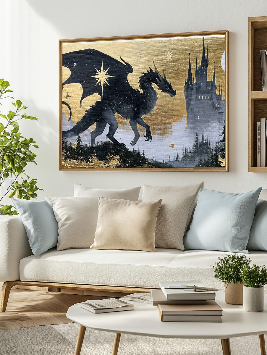 Dragon and Castle Fantasy Print. — room view 2