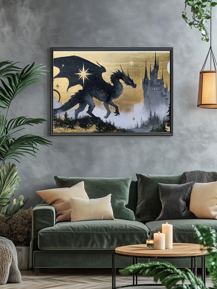 Dragon and Castle Fantasy Print. — room view 4