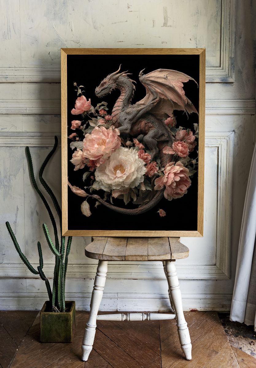 Dragon Among Flowers — Fantasy Art Print. — room view 1