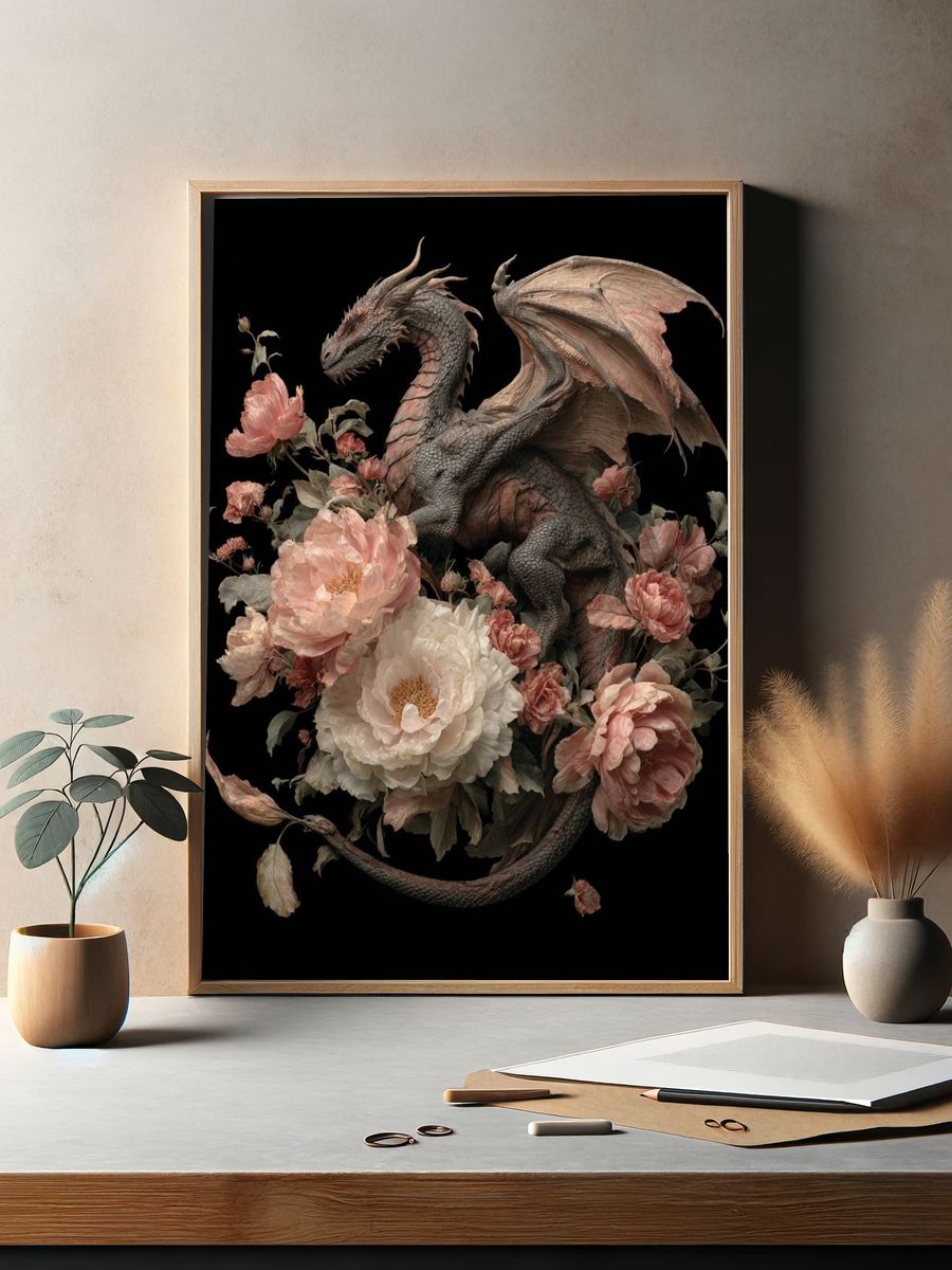 Dragon Among Flowers — Fantasy Art Print. — room view 2