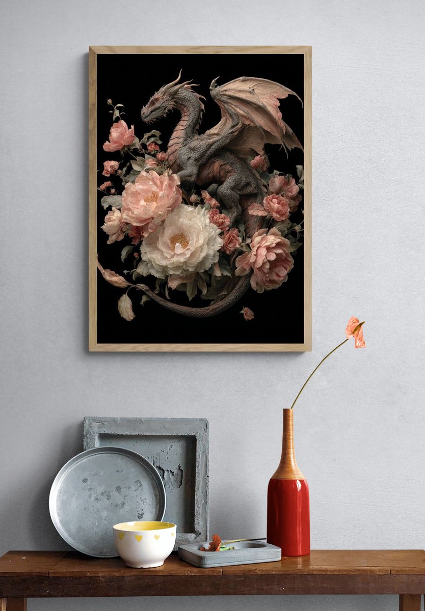 Dragon Among Flowers — Fantasy Art Print. — room view 3