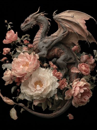 Dragon Among Flowers — Fantasy Art Print. poster