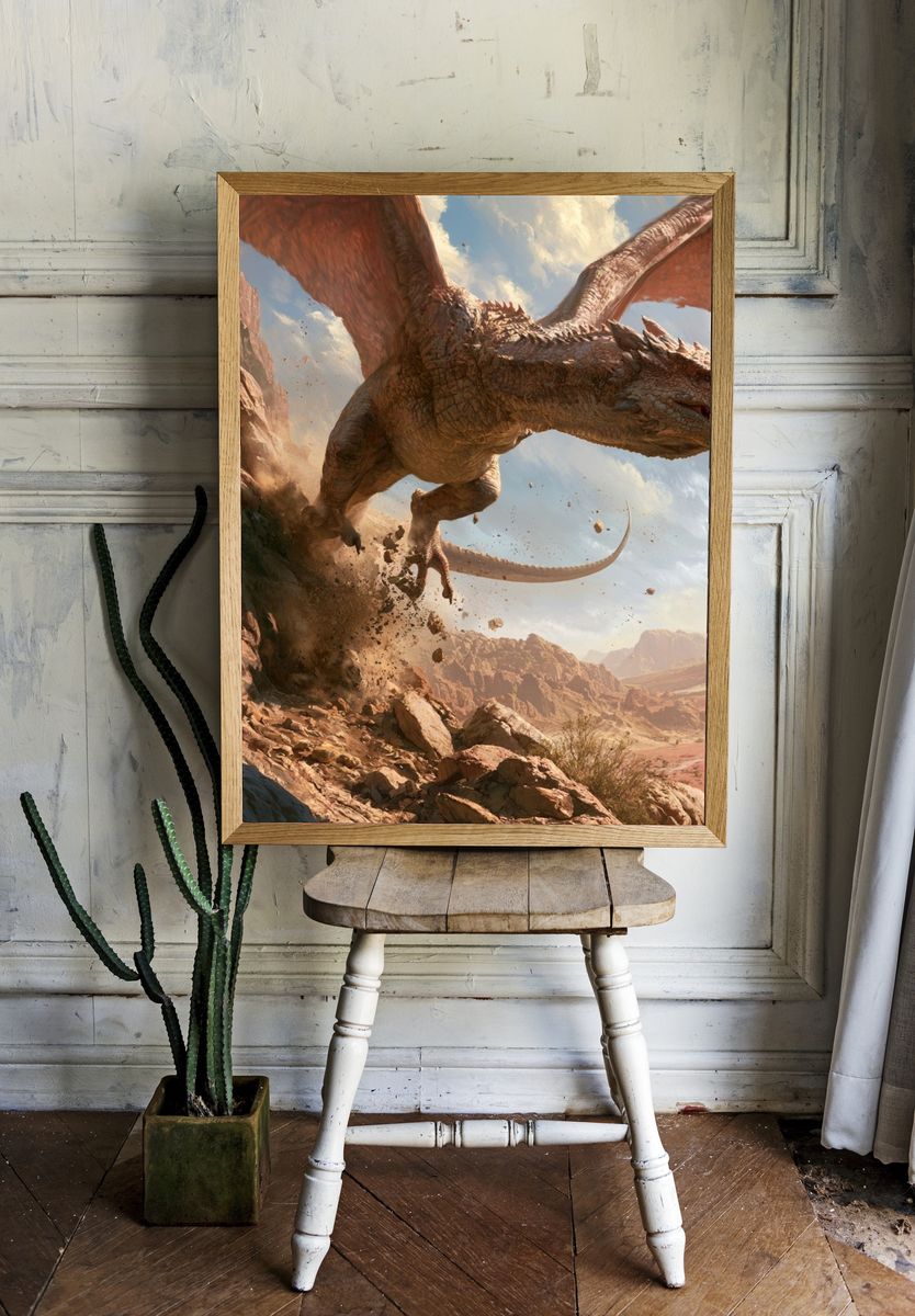 Dragon Over Desert Cliffs Poster. — room view 1