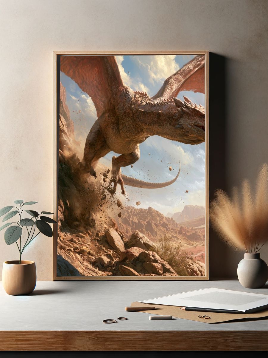 Dragon Over Desert Cliffs Poster. — room view 2