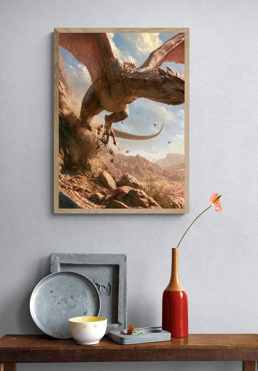 Dragon Over Desert Cliffs Poster. — room view 3
