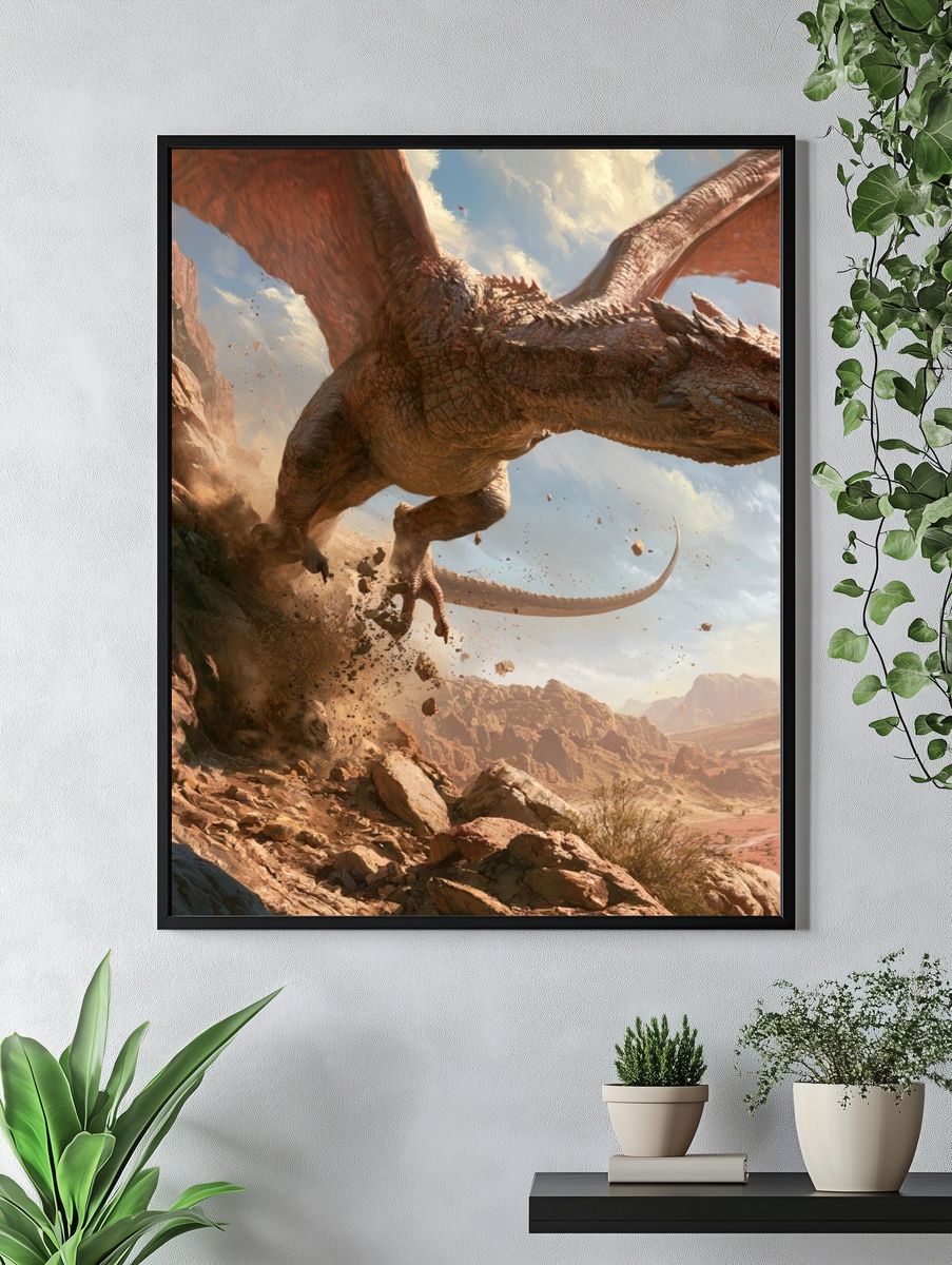 Dragon Over Desert Cliffs Poster. — room view 4