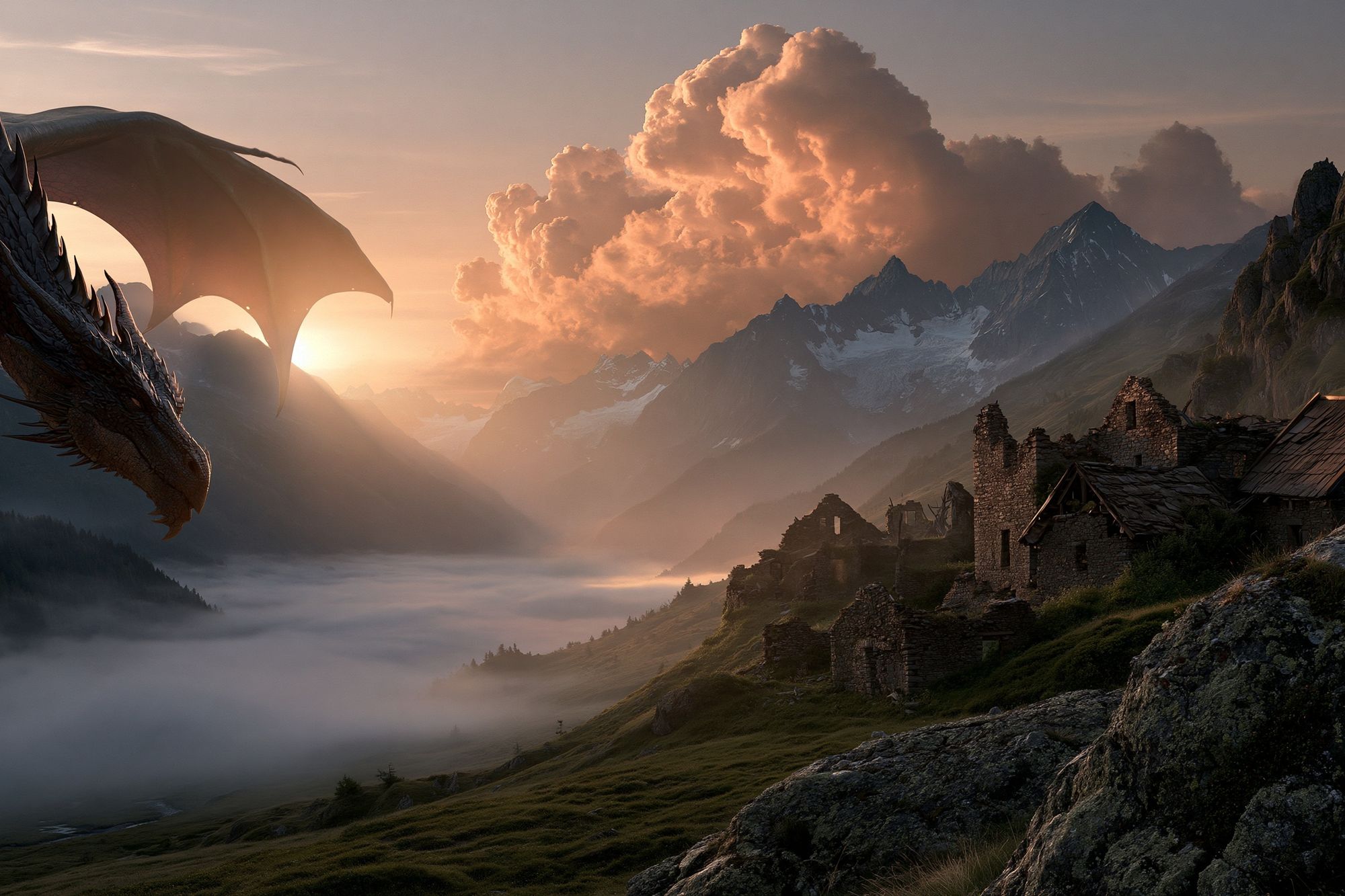 Dragon Over Misty Mountains Poster. poster detail