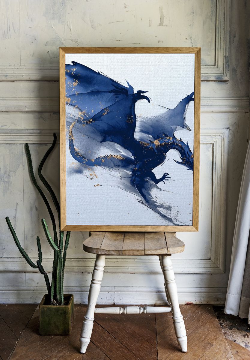 Majestic Dragon Watercolor Poster. — room view 1