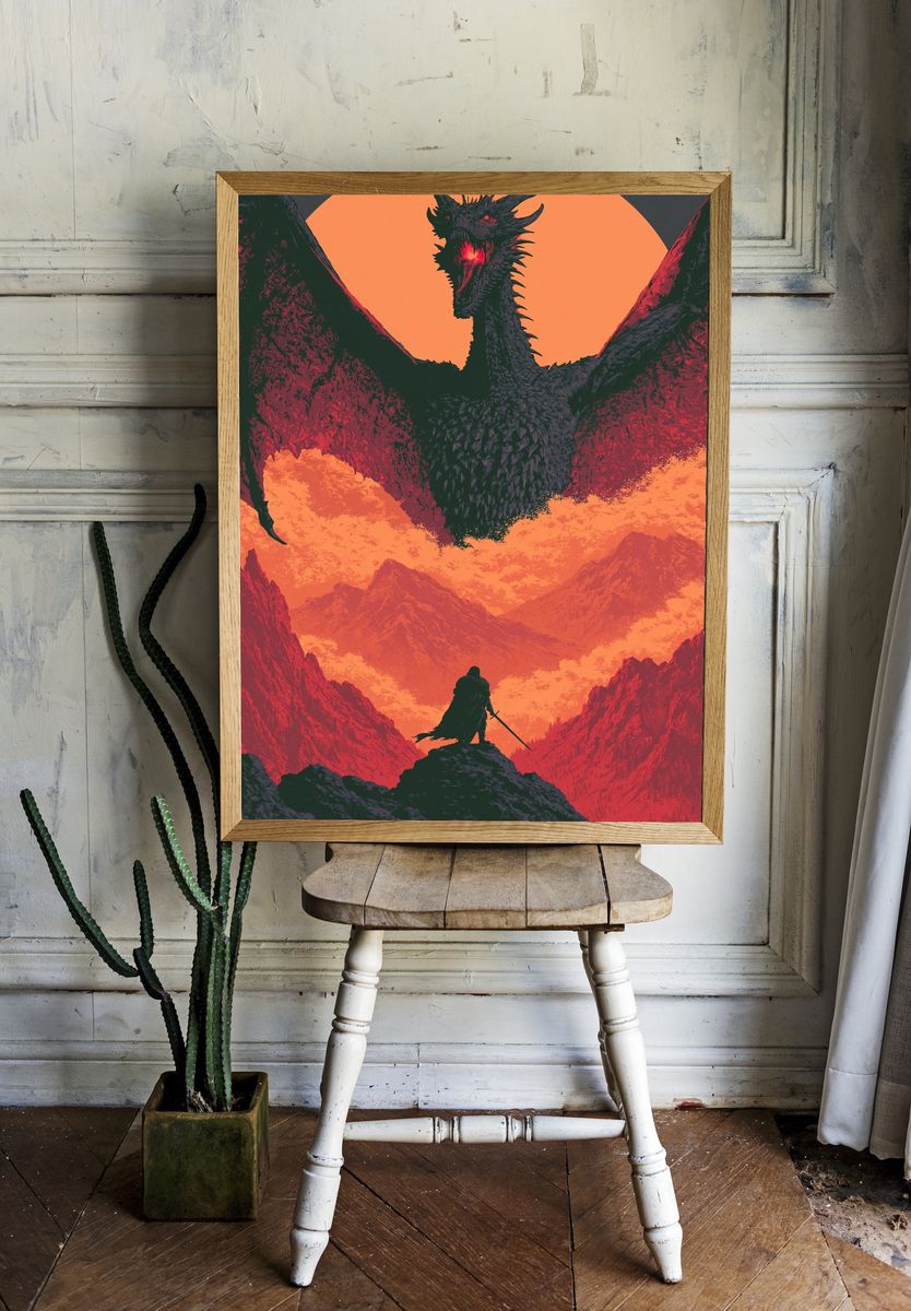 Dragon Over Mountain Pass Print. room preview