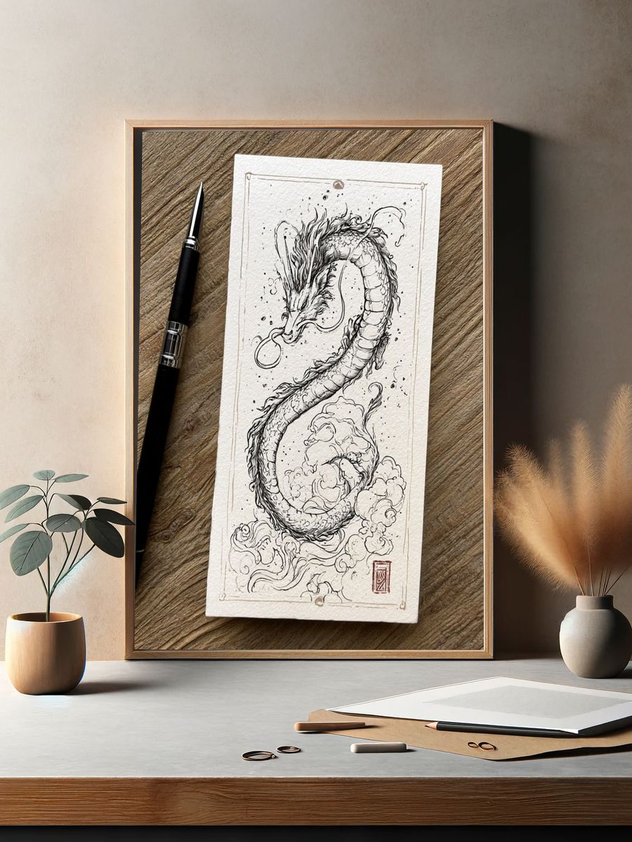 Dragon Ink Illustration Poster. — room view 2