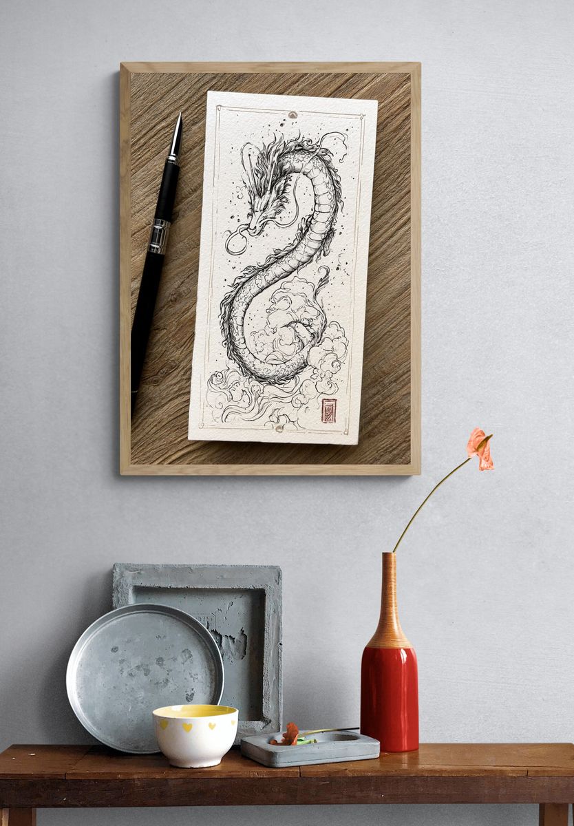 Dragon Ink Illustration Poster. — room view 3