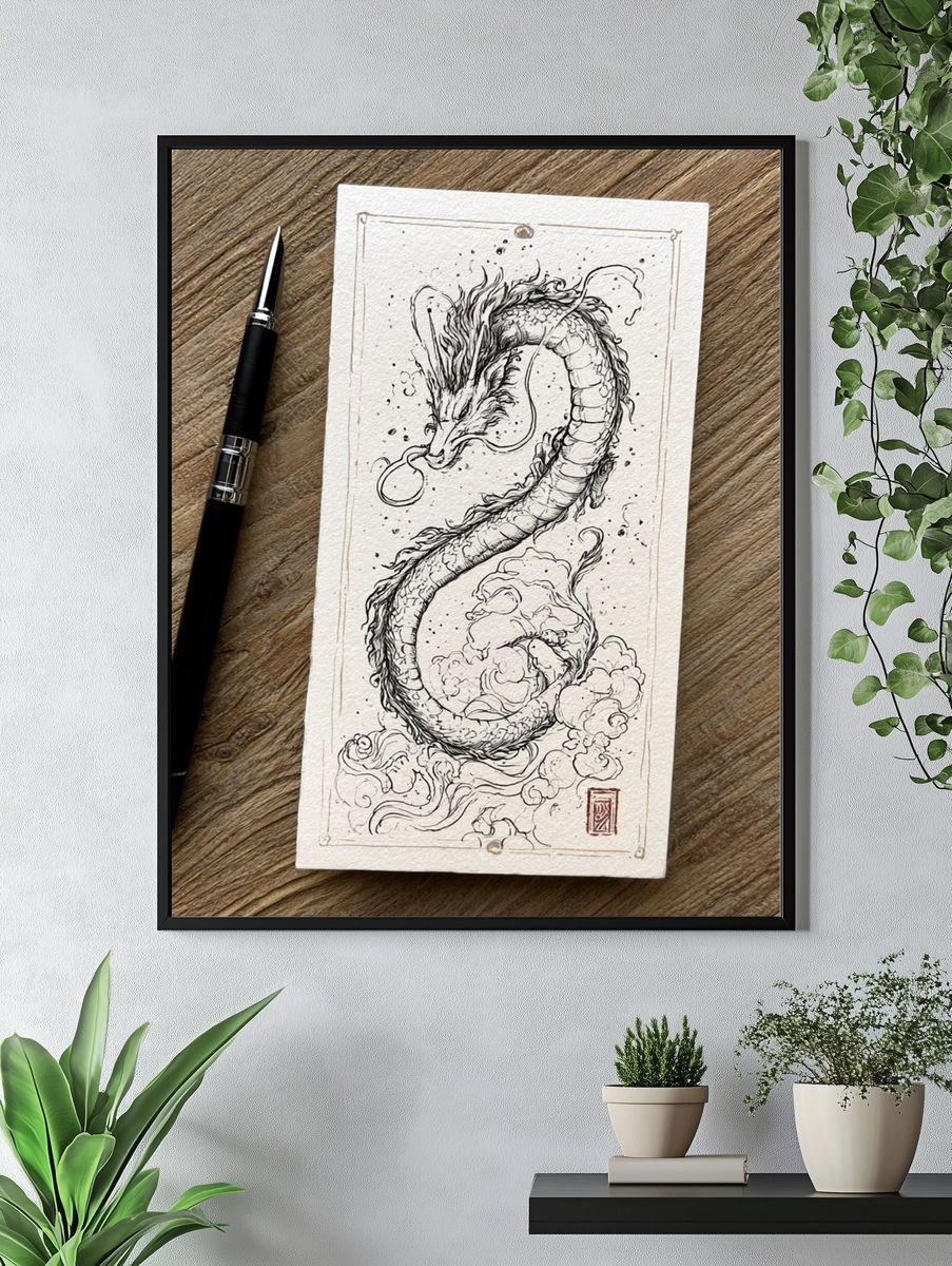 Dragon Ink Illustration Poster. — room view 4