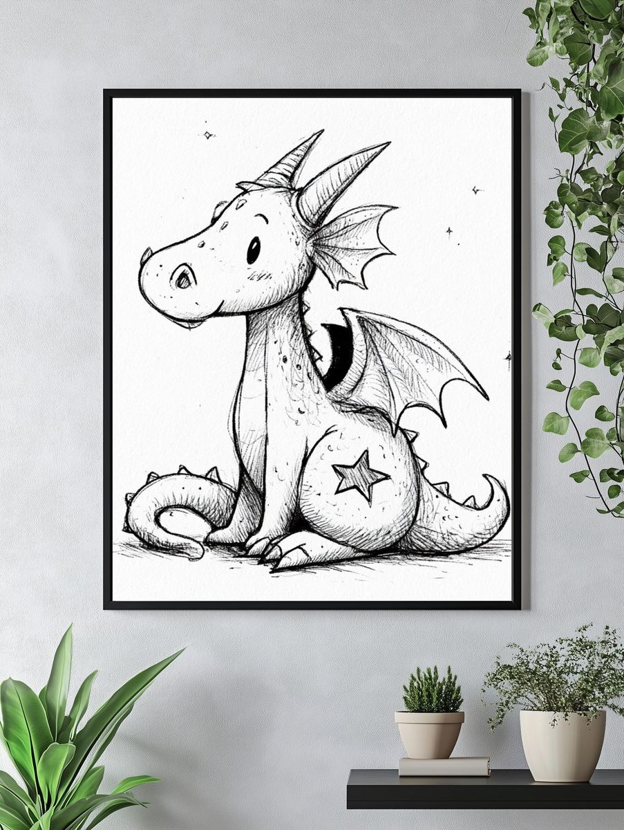Cute Baby Dragon Ink Print. — room view 4