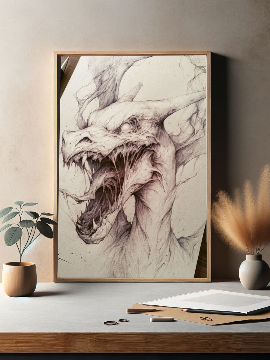 Dragon Sketch Illustration Poster. — room view 2