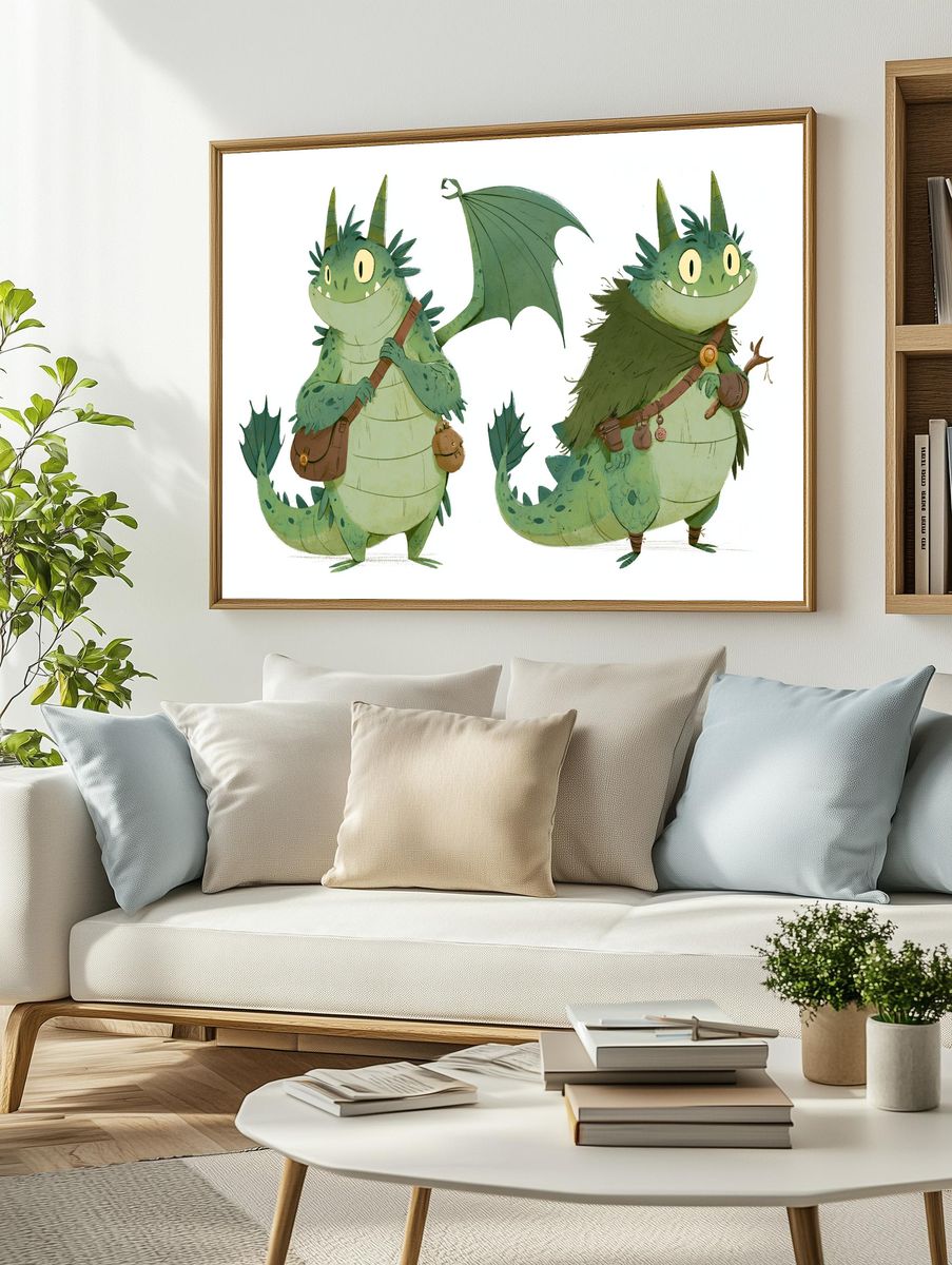 Cute Dragon Twins Illustration Poster. — room view 2
