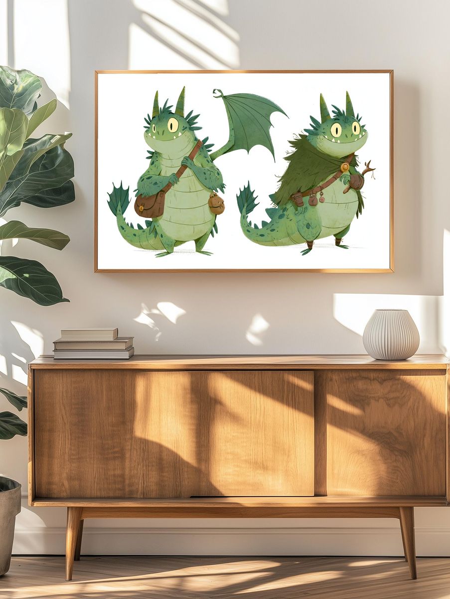Cute Dragon Twins Illustration Poster. — room view 3