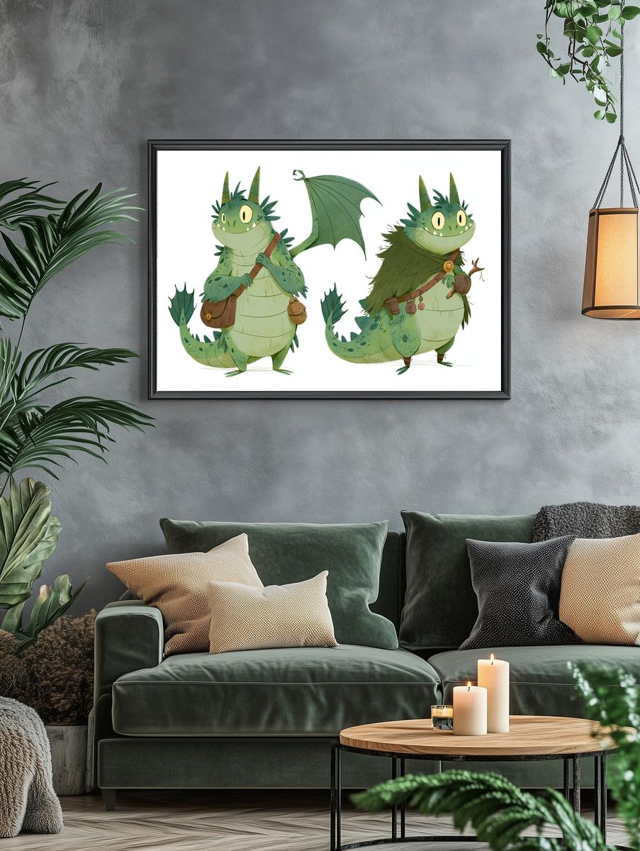 Cute Dragon Twins Illustration Poster. — room view 4