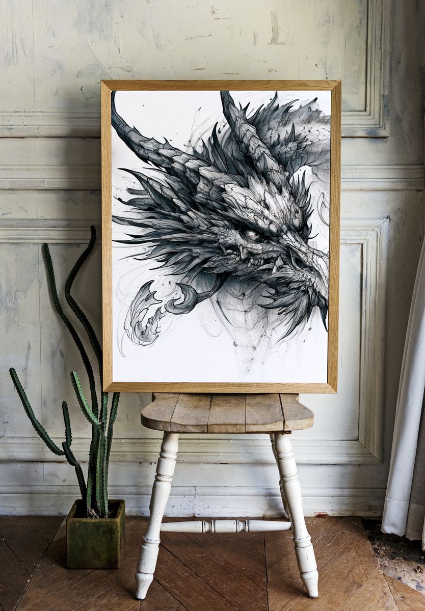 Dragon Head Ink Illustration Poster. — room view 1