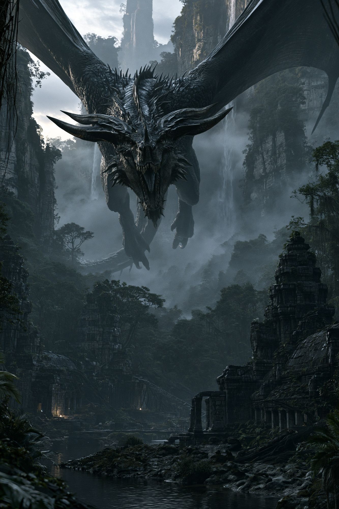 Dragon Over Misty Ruins Poster. poster detail