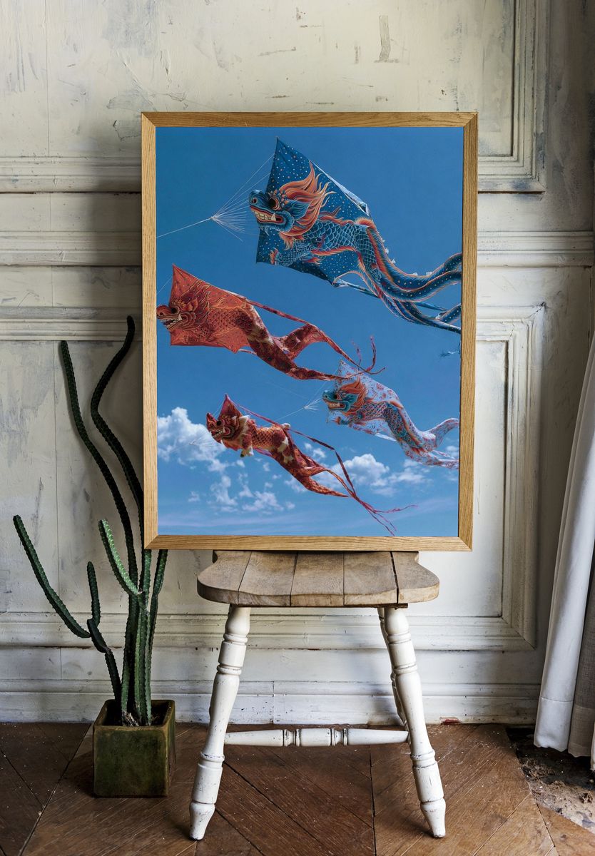 Dragon Kites in Blue Sky Poster. — room view 1
