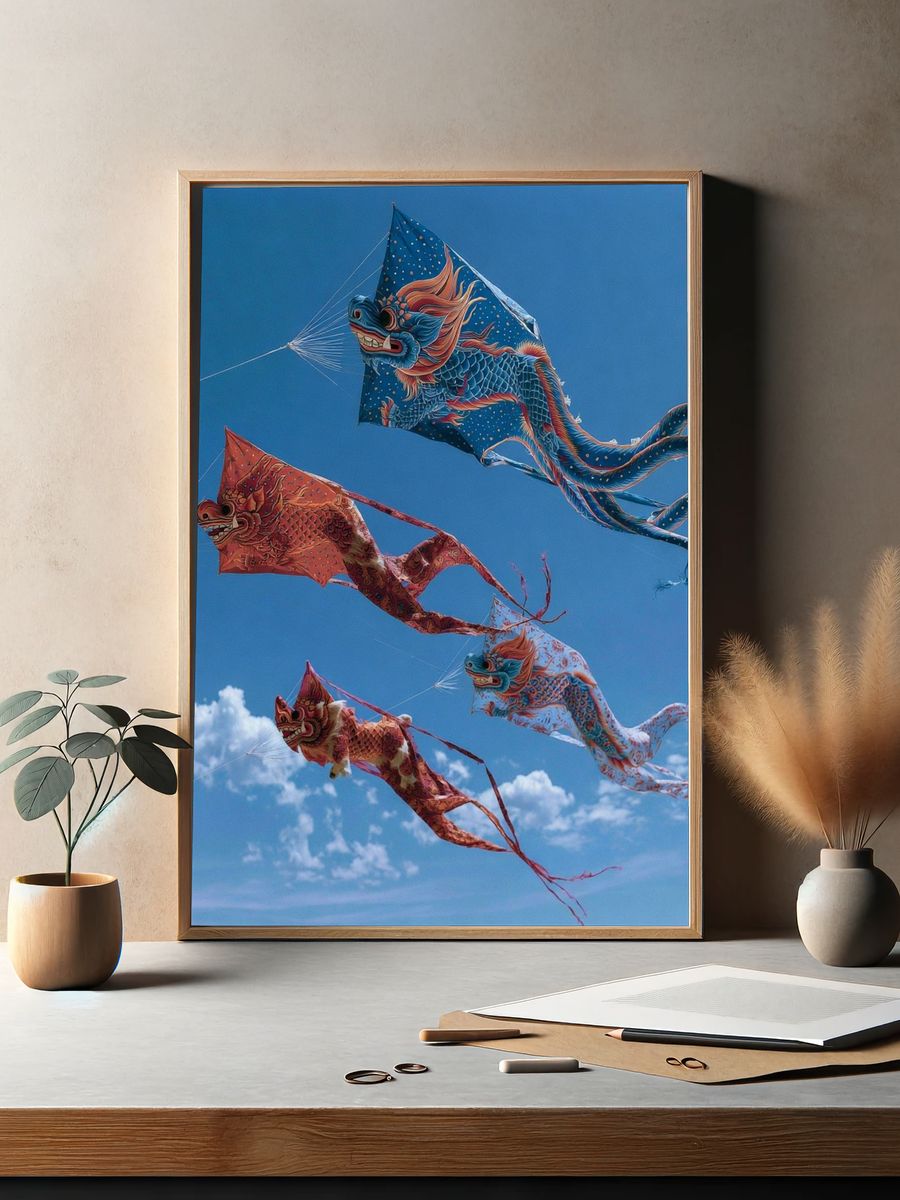 Dragon Kites in Blue Sky Poster. — room view 2