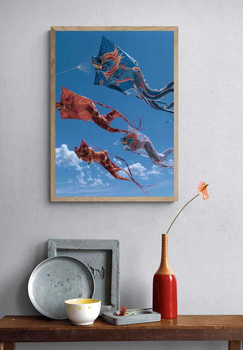 Dragon Kites in Blue Sky Poster. — room view 3
