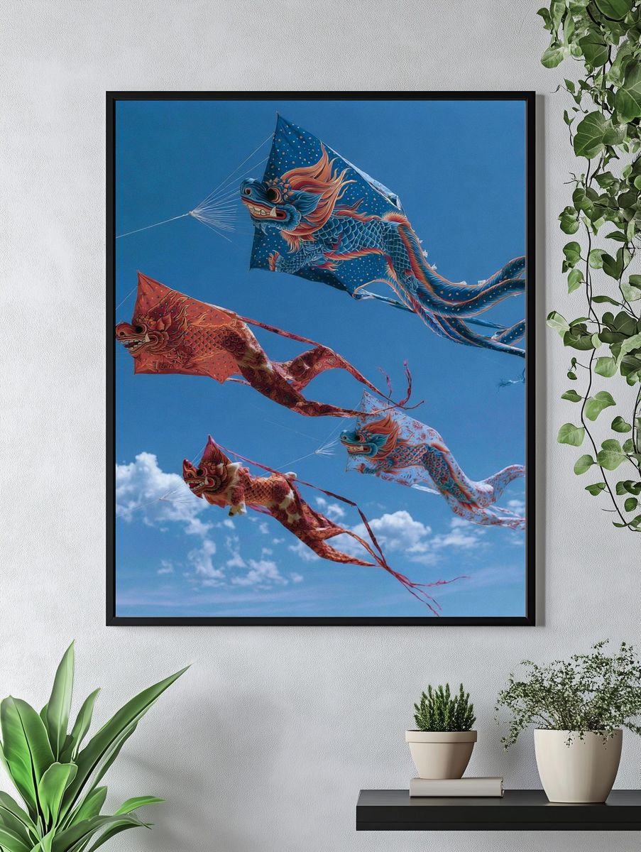 Dragon Kites in Blue Sky Poster. — room view 4