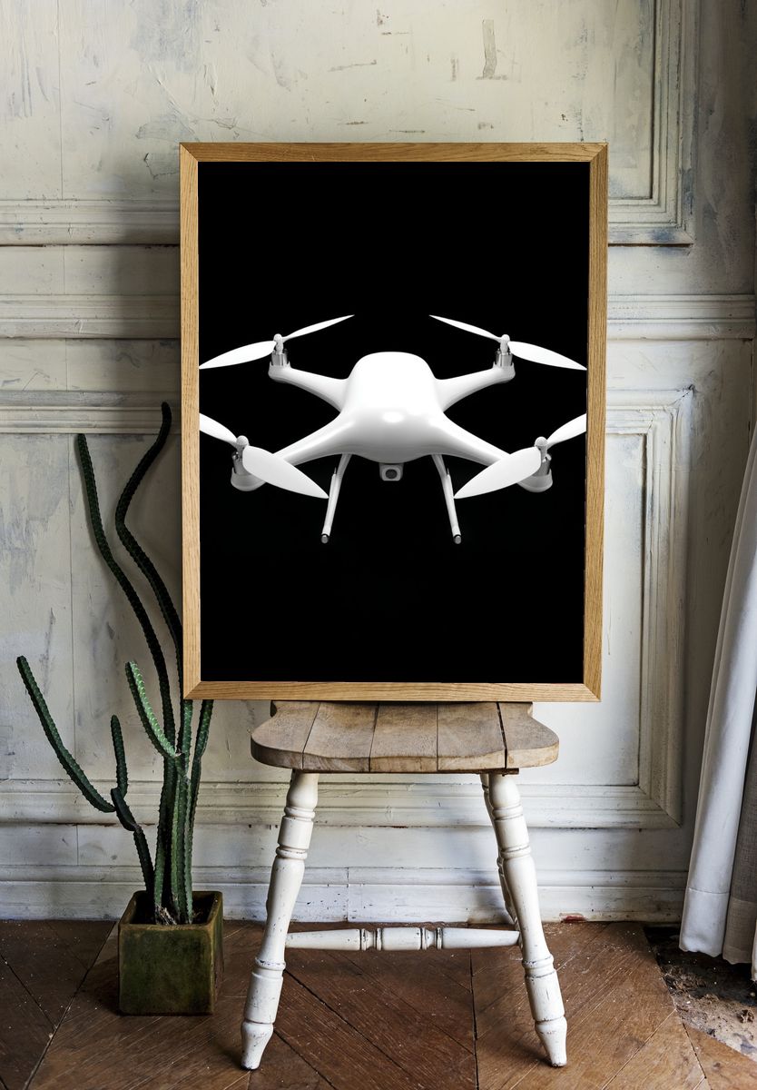 White Drone on Black Background Poster. room preview